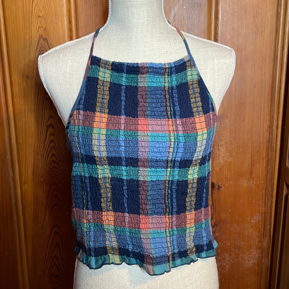 American Eagle Outfitters Blue & Pink Plaid Crop Halter Top - Picture 2 of 8